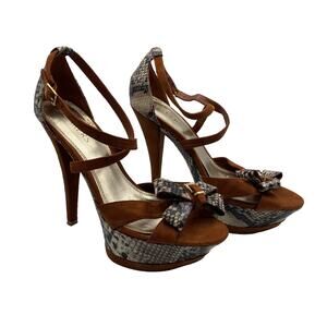 Bakers Womens Brown Snake Print Bow Strappy Open Toe Platform Heeled Sandal 8.5M